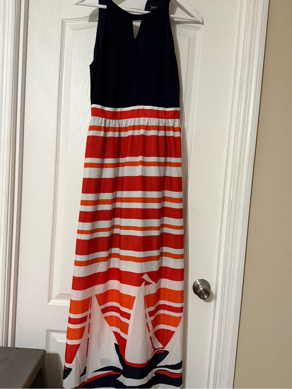 Kensie Navy Bodice with Red, White and Orange Striped Maxi Dress
